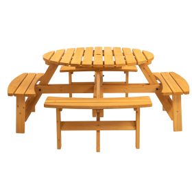 8 Person Wooden Picnic Table;  Outdoor Camping Dining Table with Seat;  Garden;  DIY w/ 4 Built-in Benches;  2220lb Capacity - Natural