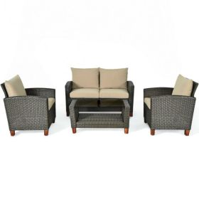 Patio Garden Outdoor Rattan Furniture Set With Cushions  4 Pce Set